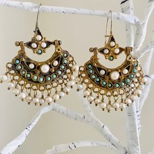 Snow Dance Earrings Handcrafted in Instanbul Brass Turquoise Freshwater Pearls